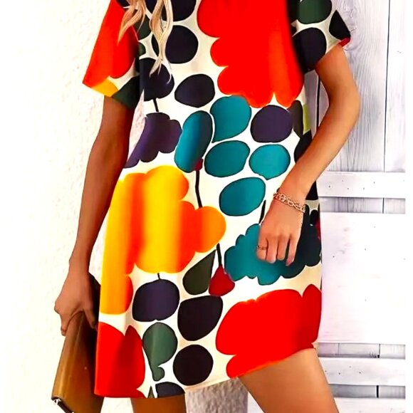 COLORBLOCK DARK GREEN LEAF MULTICOLOR L KNEE LENGTH CREW NECK HIGH END DRESS - Picture 3 of 4